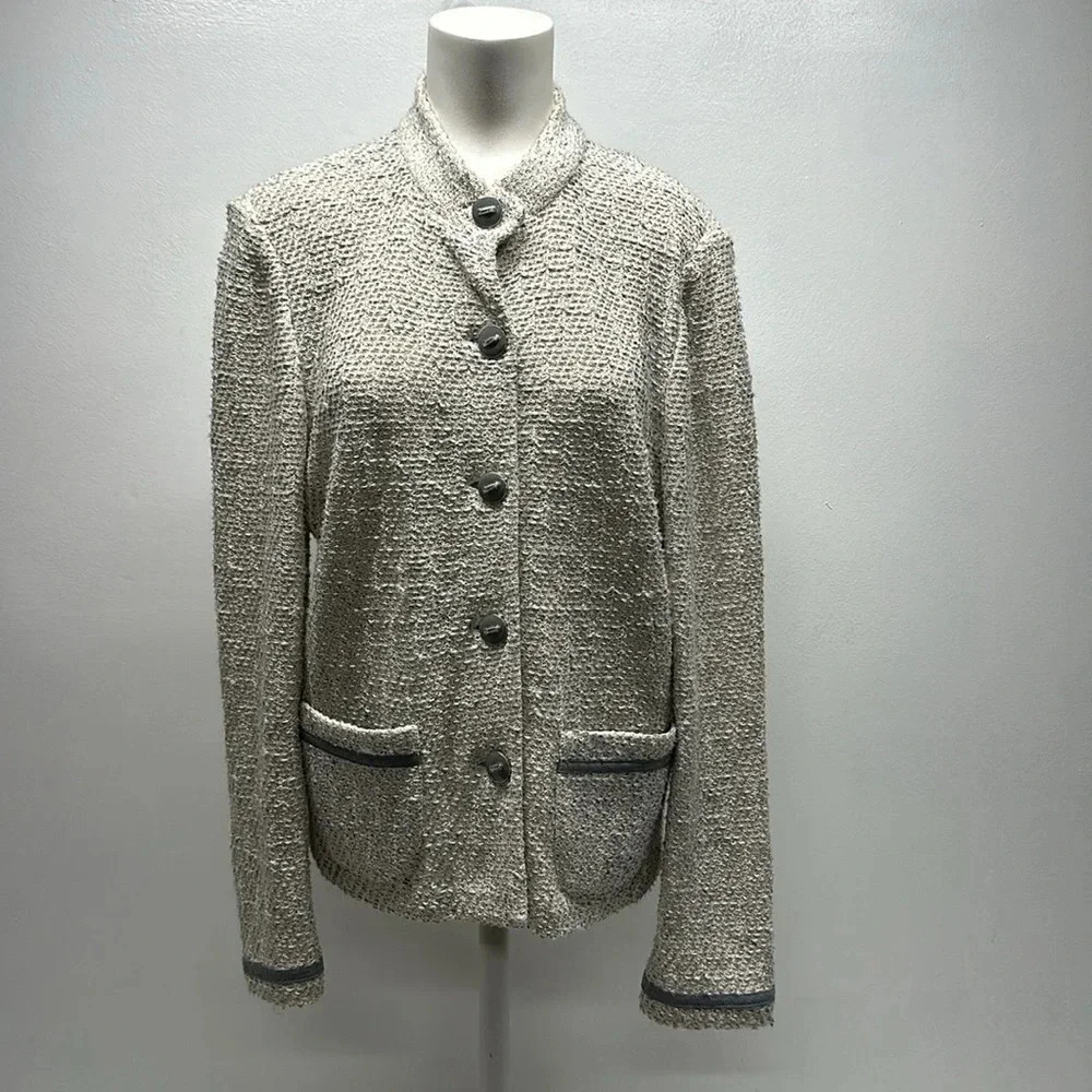 St John Cardigan Blazer Santana Knit Button Down Sweater Jacket Collared Gray 12